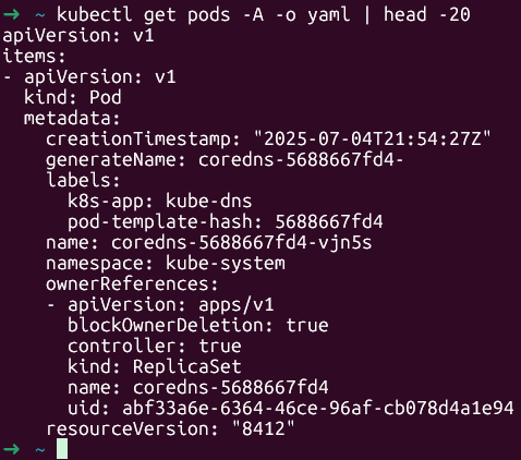 kubectl get pods -A -o yaml | head -20